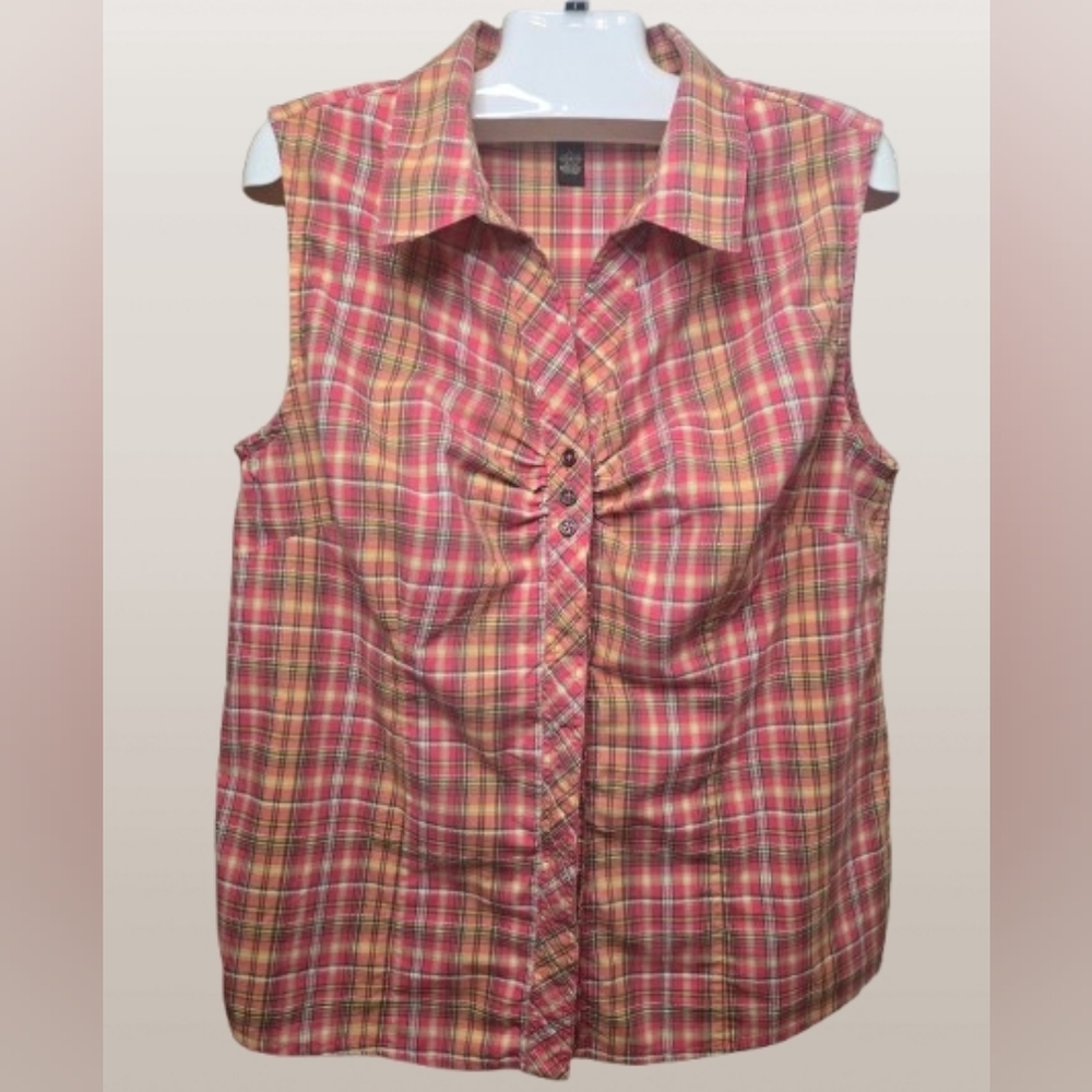 Bit & Bridle Plaid Sleeveless Button Down Shirt - Pink and Yellow